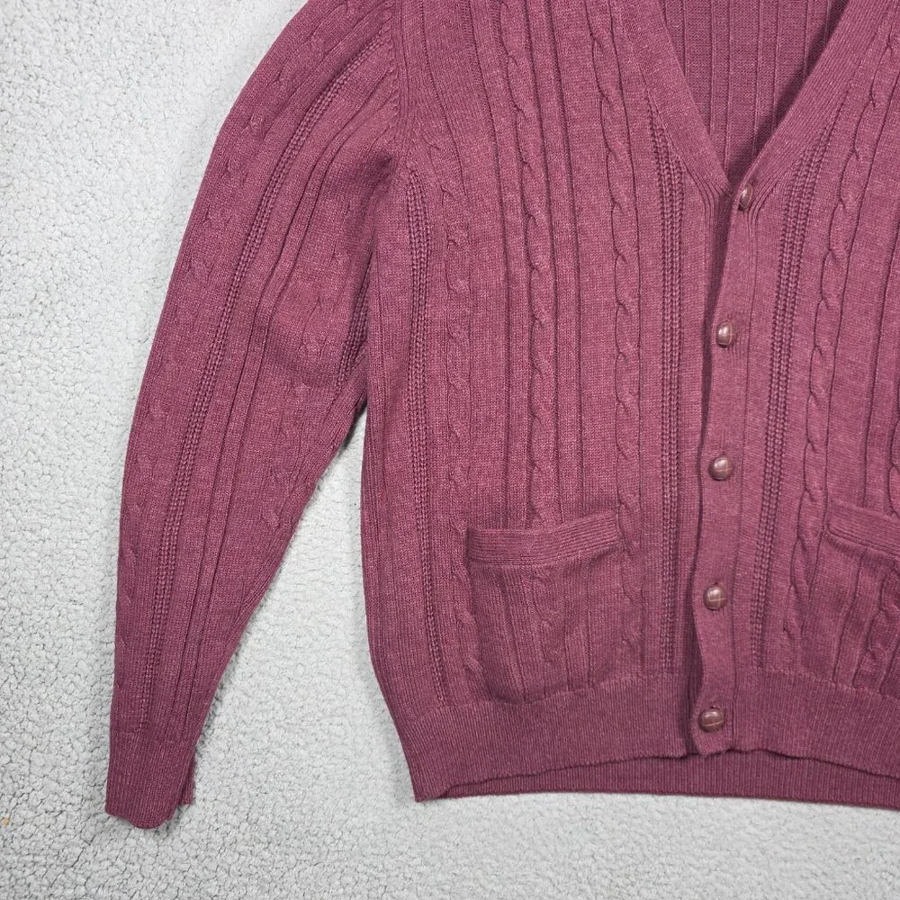 VTG St Johns Bay Sweater Mens Size LT Burgundy 3D Cable Knit Cardigan Grandpa
